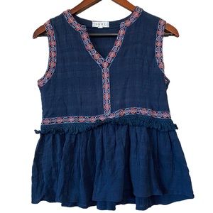THML Blue Boho Cotton Embroidered Sleeveless Blouse Size Small
